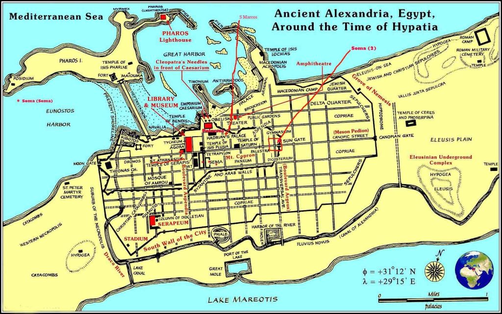 Aproximació al mapa d'Alexandria al s IV d JC. Possible ubicació del soma i algunes esglésies.